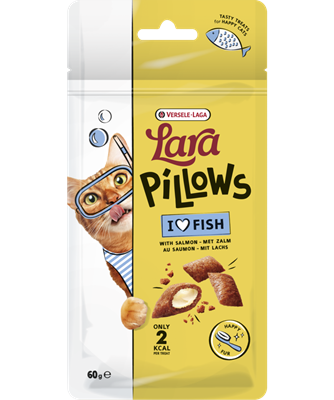 LARA - Pillows with Salmon Happy Fur Treats - Ízletes jutalomfalatok boldog cicáknak! Lazacos párnácskák..  60 gr